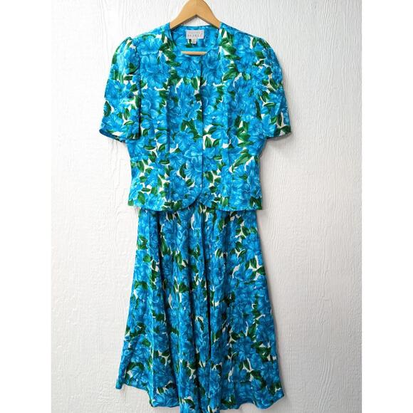 Adrianna Papell Jackets & Blazers - Vtg Adrianna Papell Silk Suit Skirt Turquoise Tropical Floral Hawaiian Size 10